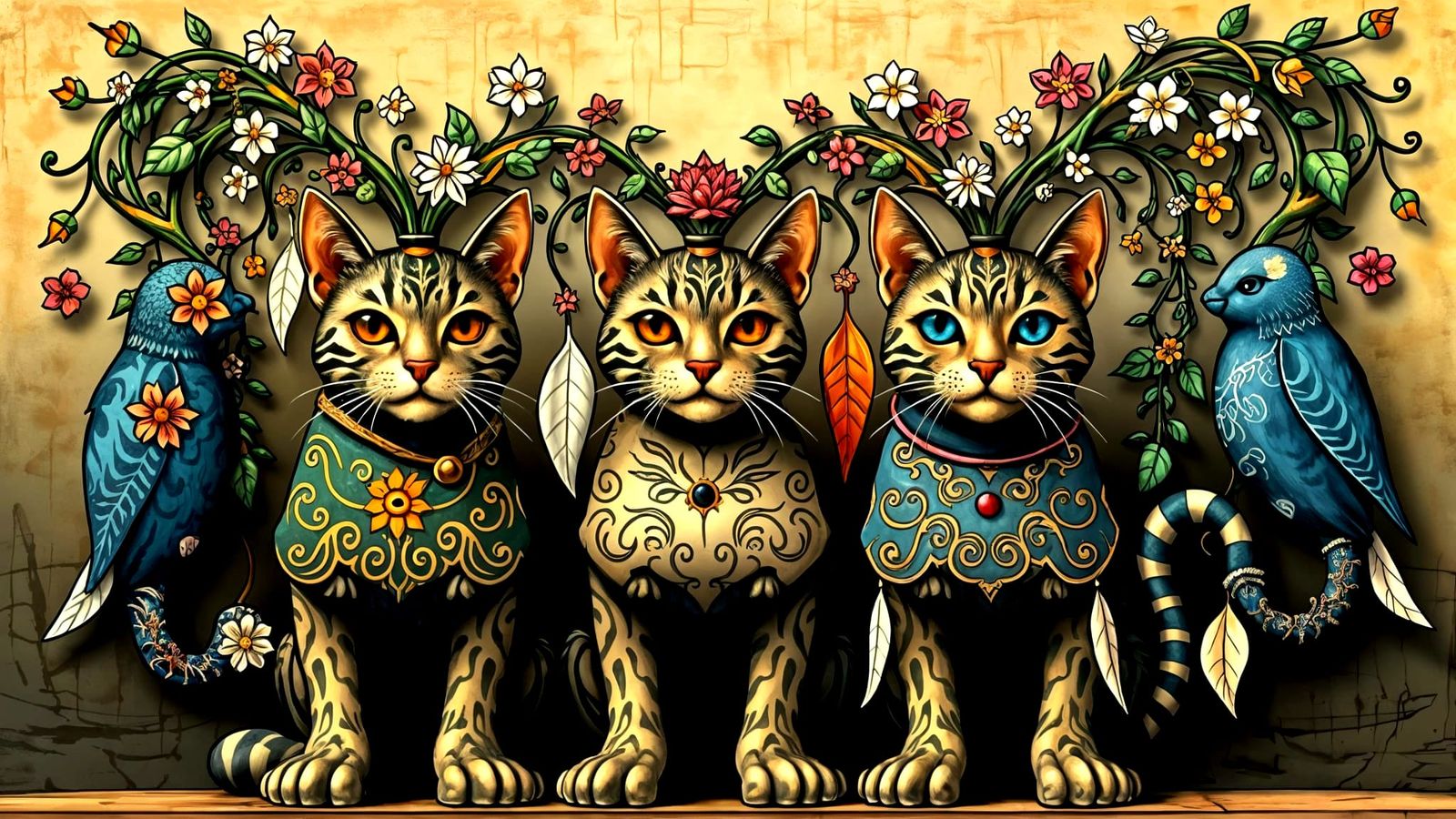 Psychedelic Medieval Cats in Illuminated Manuscript Style