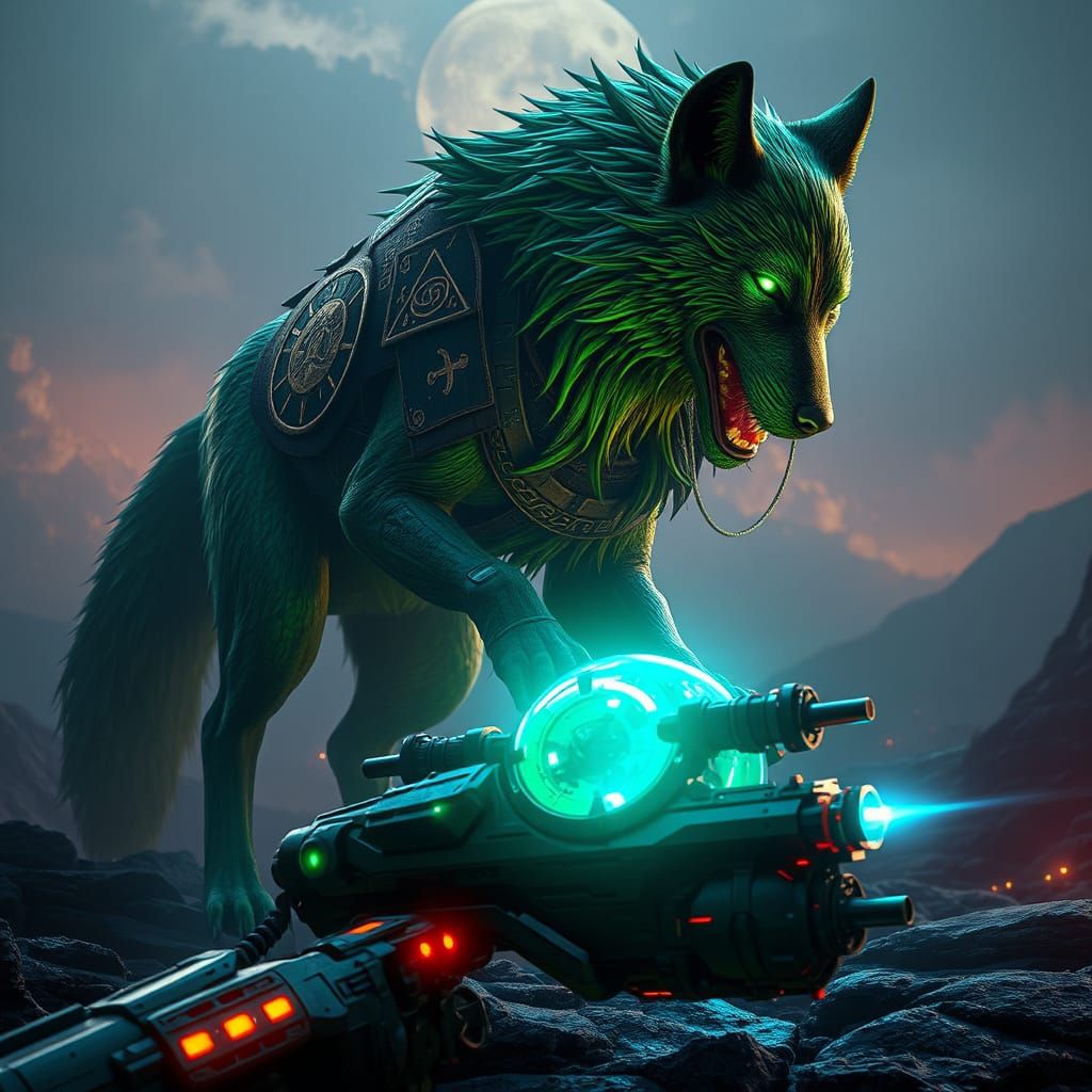 Majestic Green Wolf Harnesses Cosmic Power