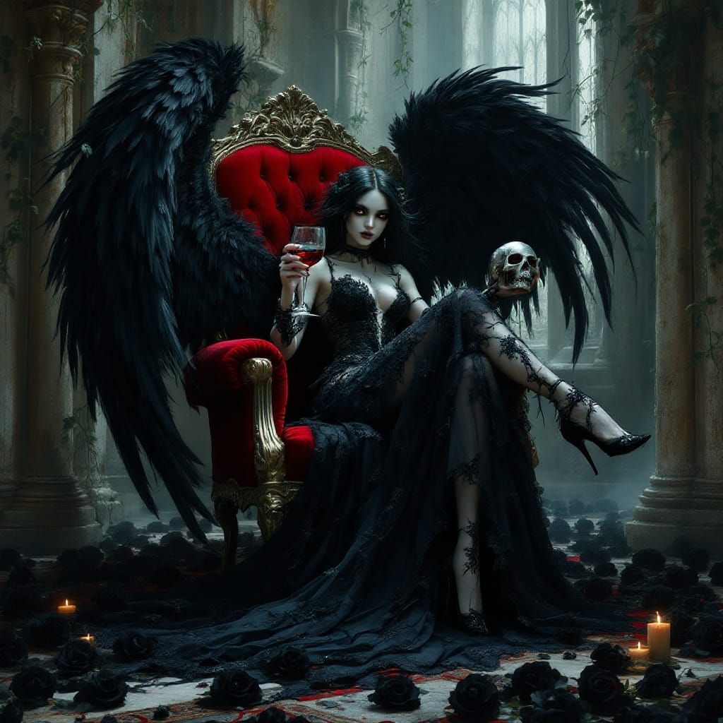 Ethereal Gothic Angel in Red Velvet Chair