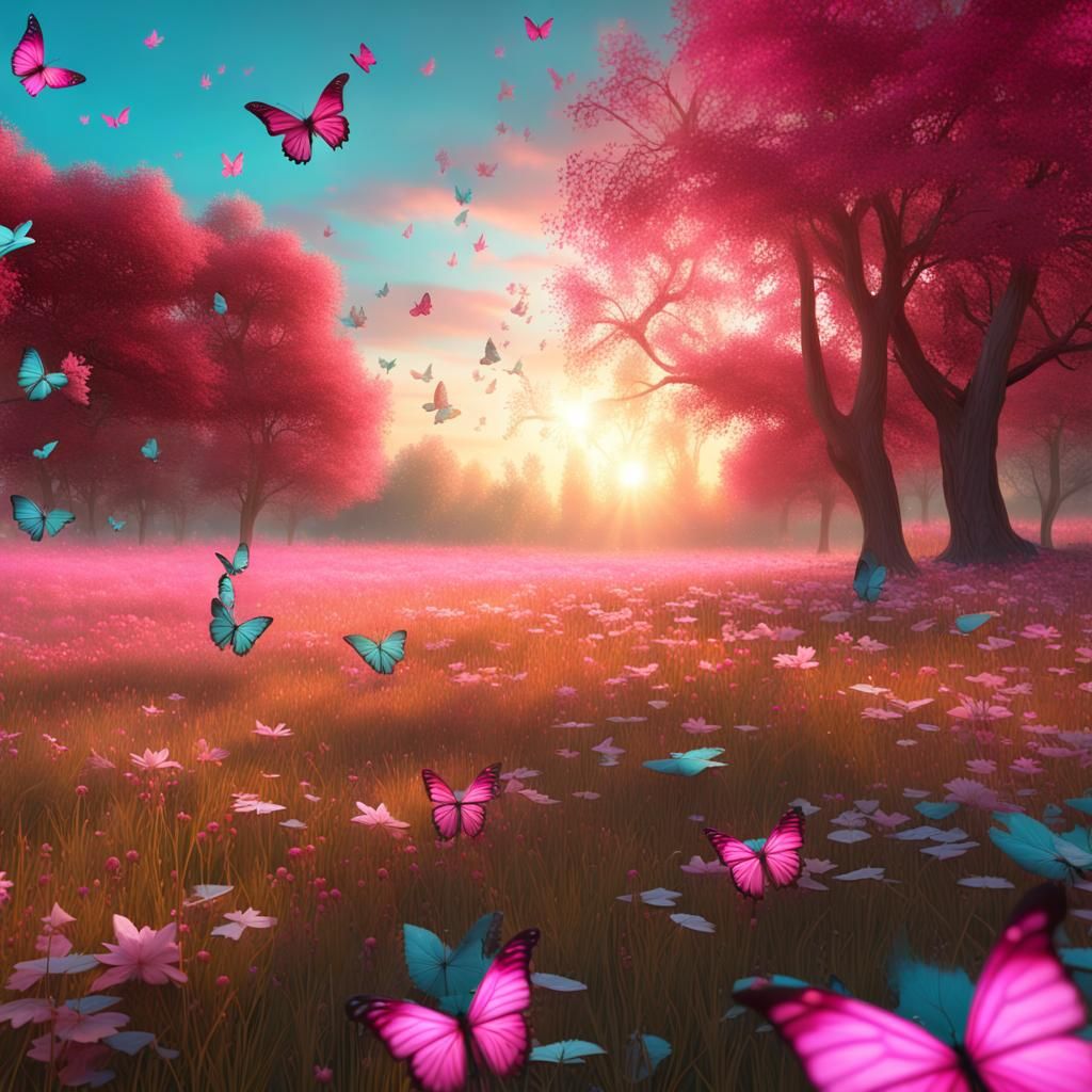 Butterfly Meadow at Sunset in a Detailed Digital Painting