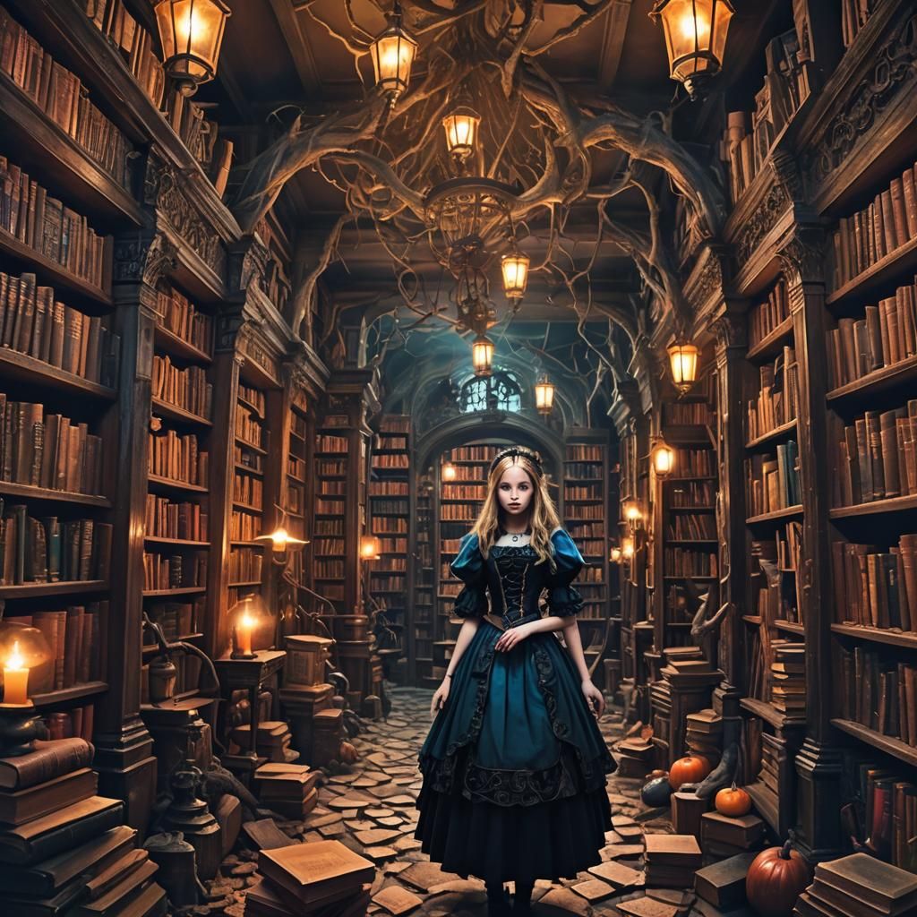 Ethereal Alice in a Mystical Halloween Library