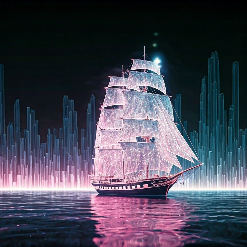 Iridescent Sailship Drifting Through Crystal City