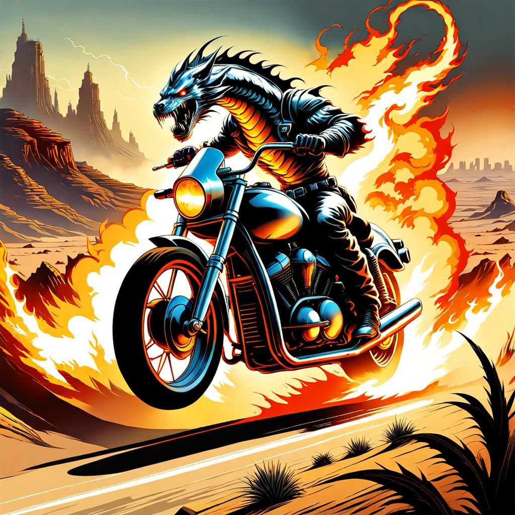 Retro Comic Silver Motorcycle in Post-Apocalyptic Wasteland