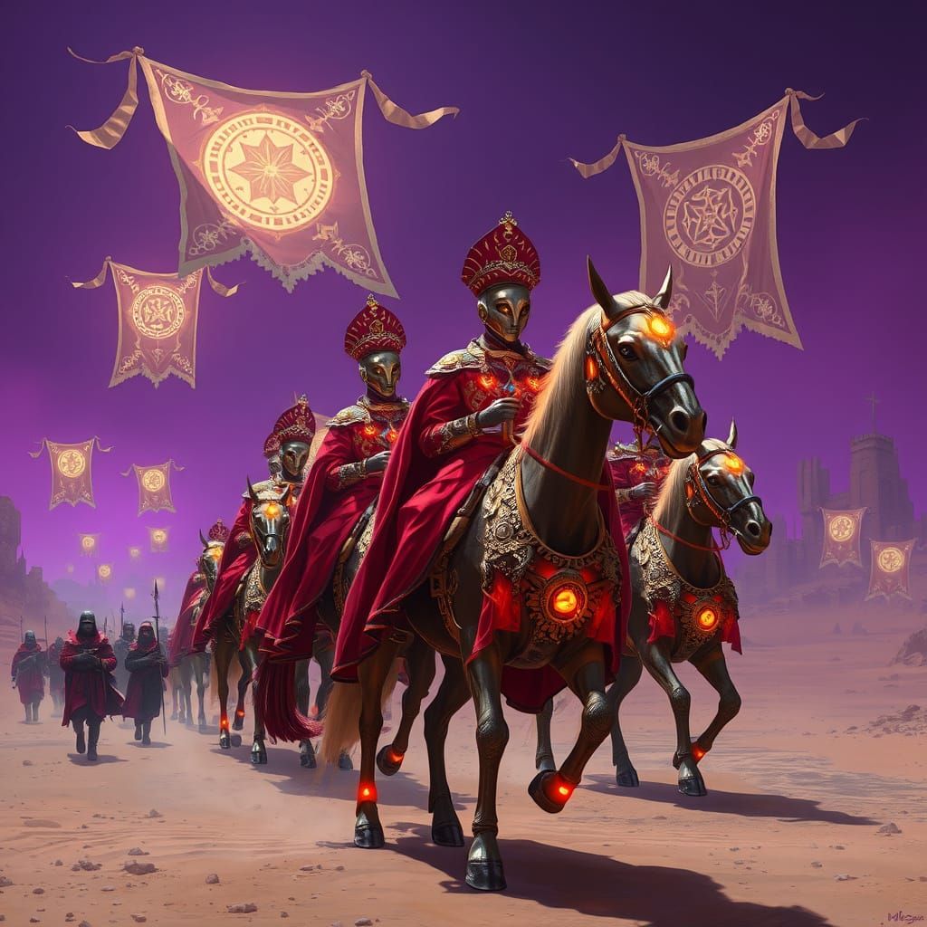 Cyberpunk Cardinals Ride Biomechanical Horses in Glowing Arm...