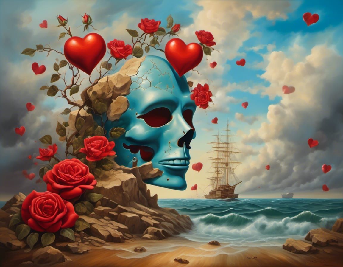 Surreal Mask Fused with Rock in Dreamlike Seascape