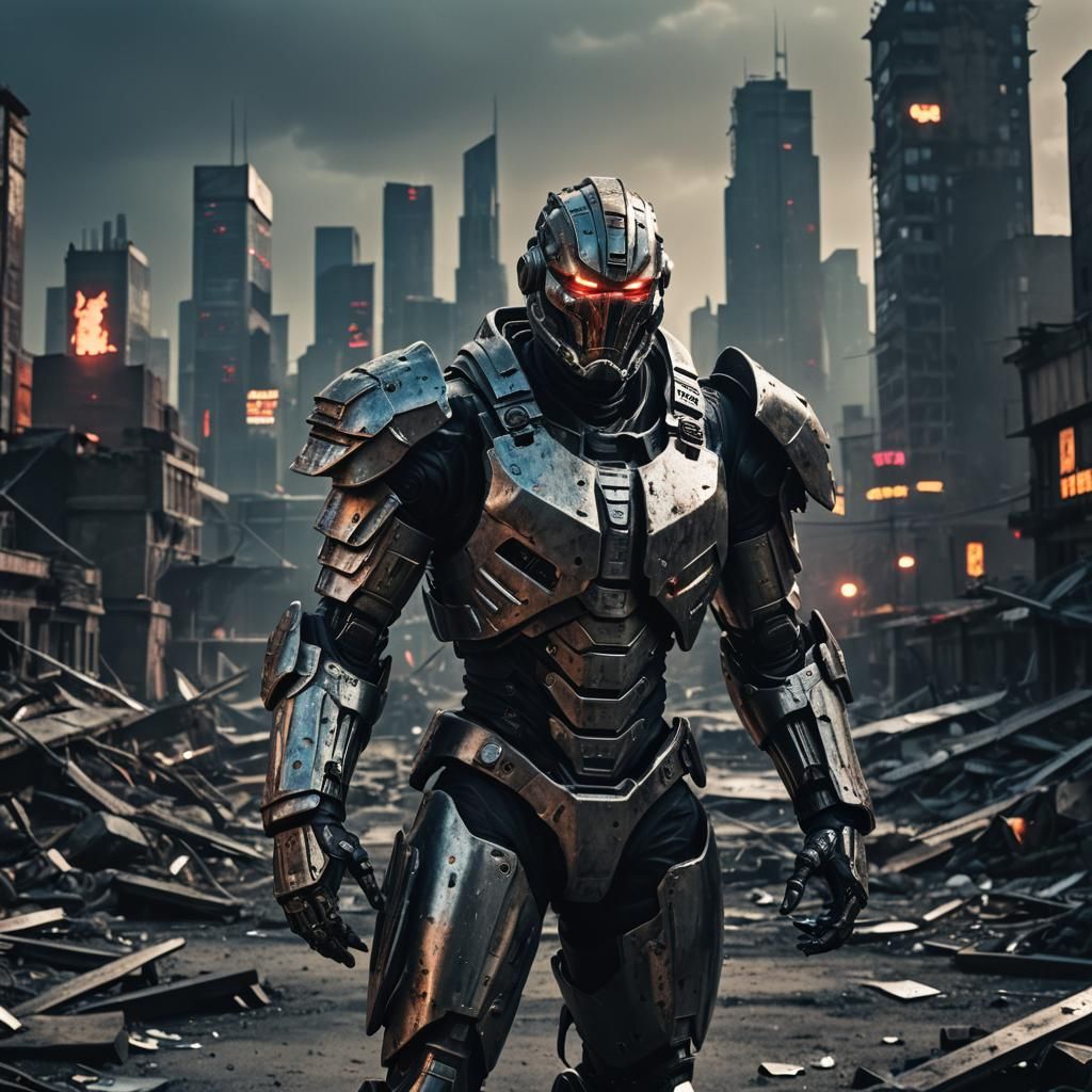 Cyborg Warrior in Dystopian Cityscape: Cyberpunk Film Still