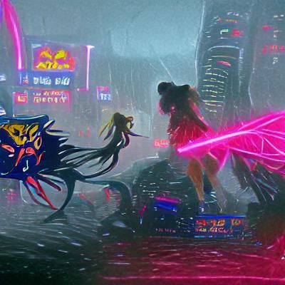 Sailor Moon Caricature in Cyberpunk Tokyo Battle