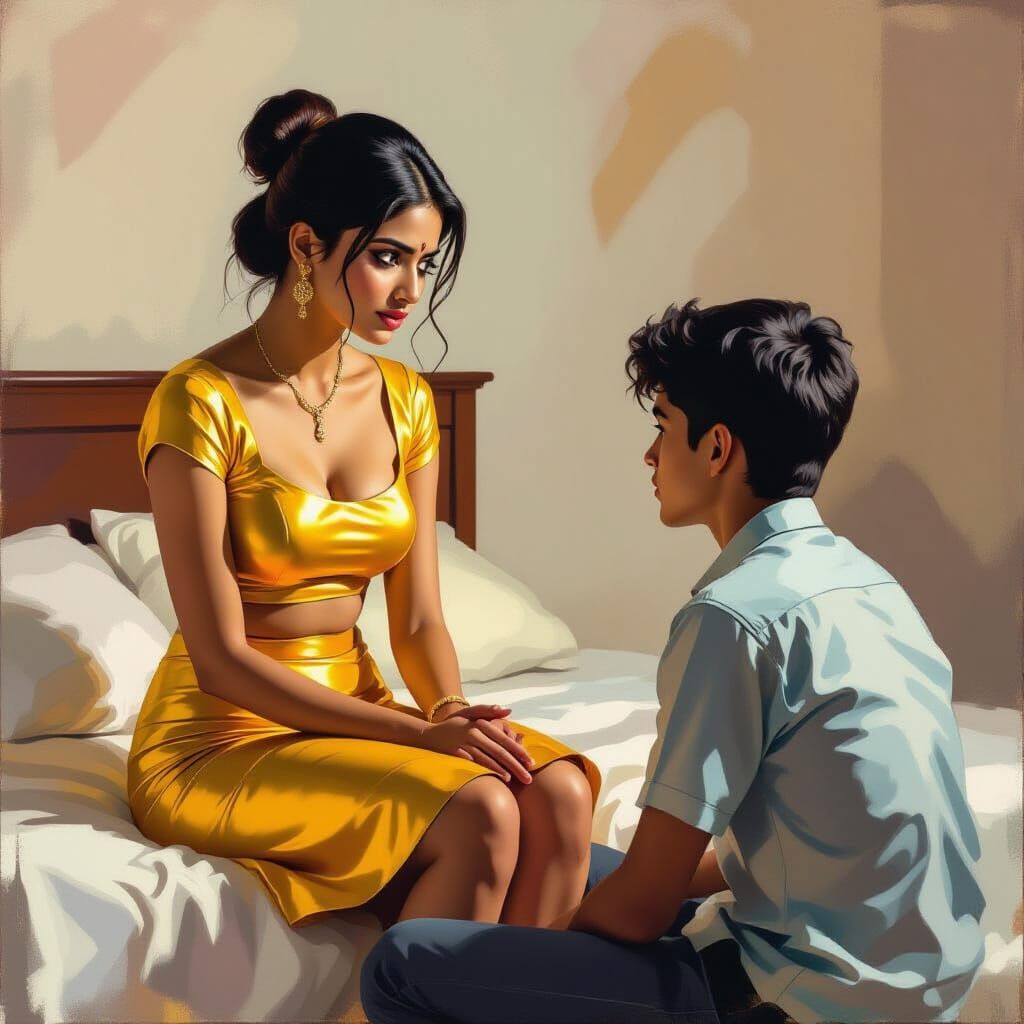 Indian Woman in Yellow Silk Skirt in Dramatic Digital Painti...