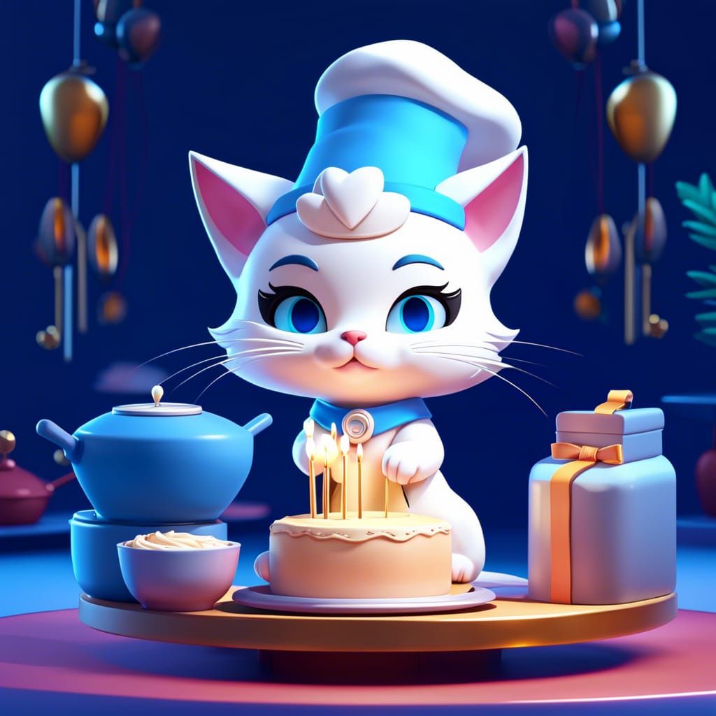 Chibi Cat Bakes Cake in Cyberpunk Fairycore Style