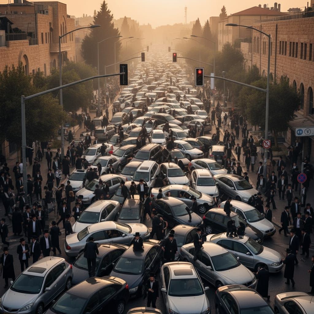 Jerusalem Traffic Chaos: Exaggerated Jam with Ultra-Orthodox...