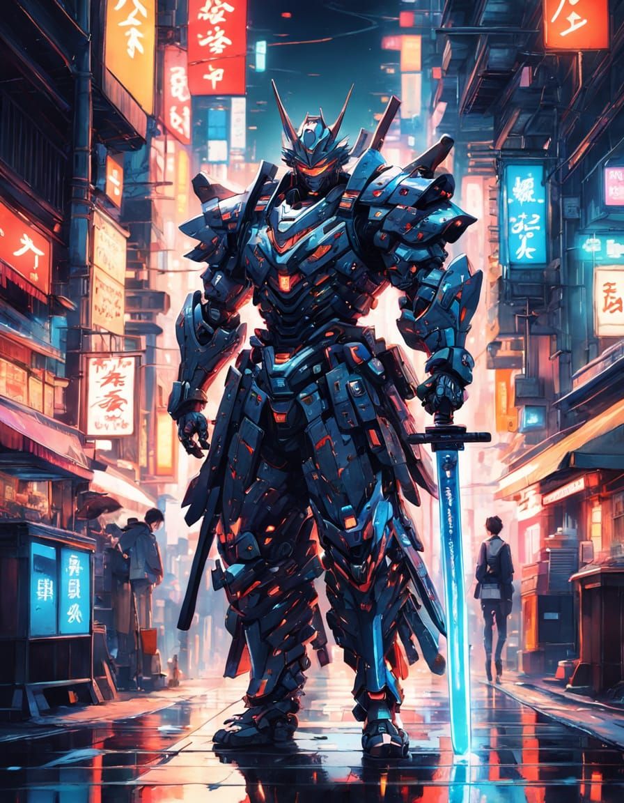 Robot Samurai in Sci-Fi City: Anime Style