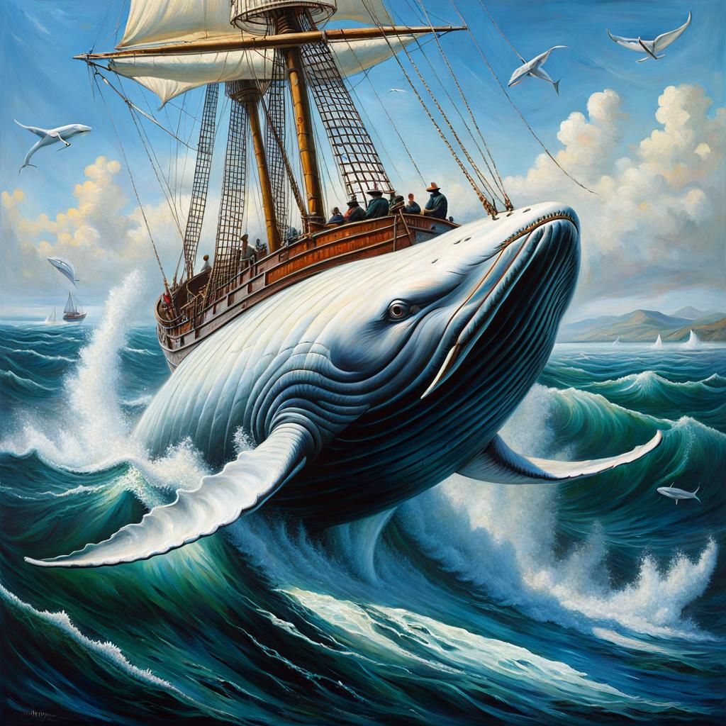 Albino Whale Hunt: Dramatic Oil Painting