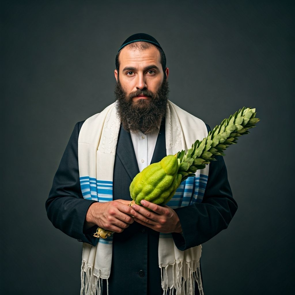 Man Holds Lulav and Etrog in Shabbat Attire