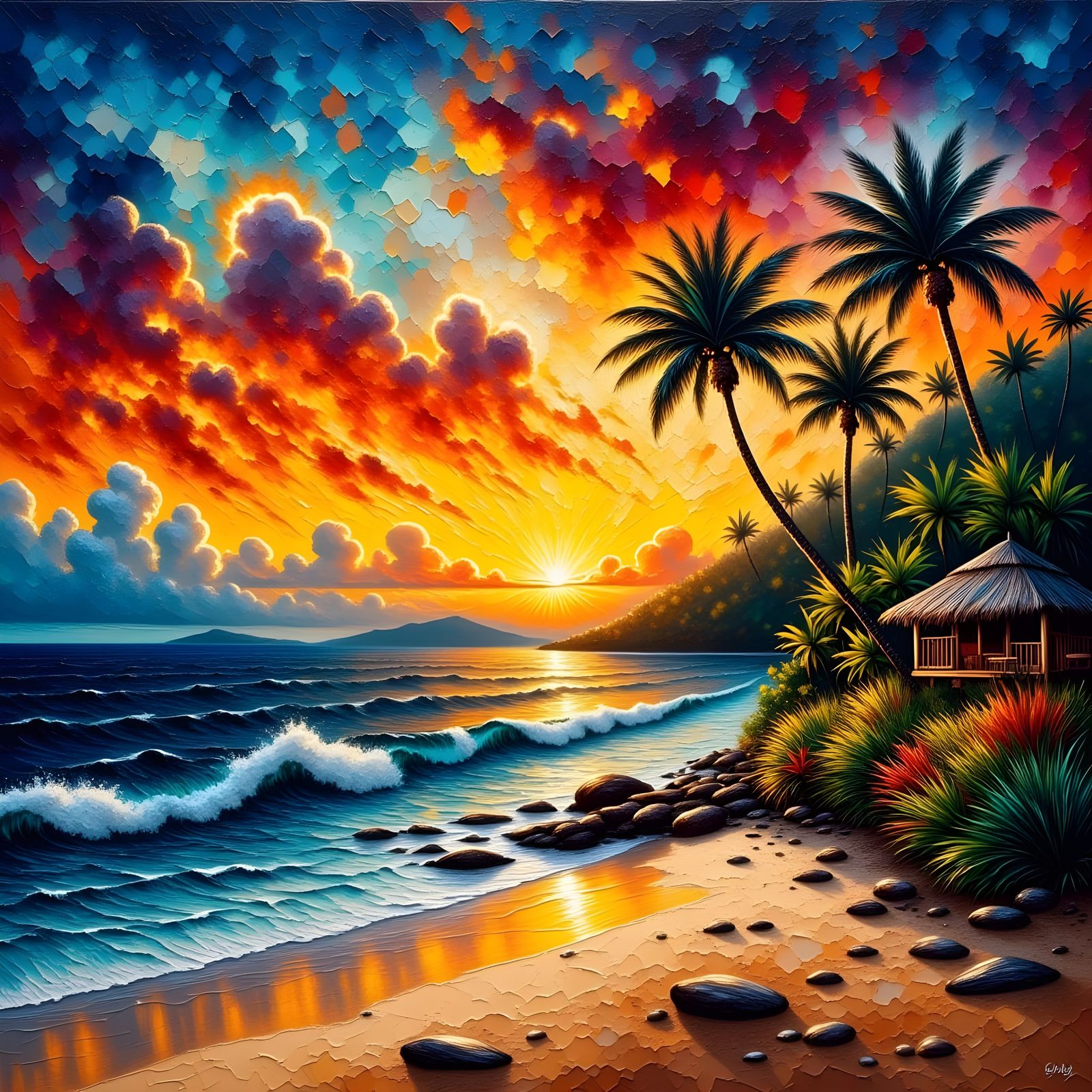 Vibrant Tropical Sunrise in Neo-Expressionist Oil Painting
