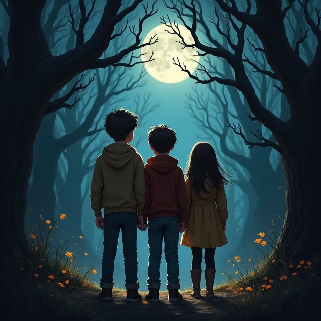Children Standing in a Dark and Mystical Autumn Forest