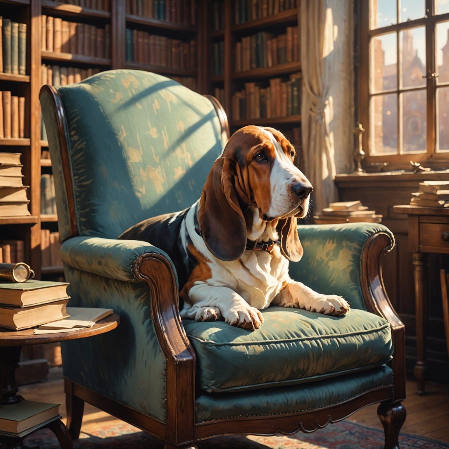 Serene Basset Hound Asleep in Vintage Armchair, Soft Painter...