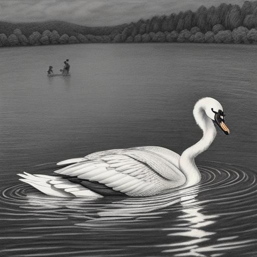 Swan in Lake: Detailed Charcoal Drawing