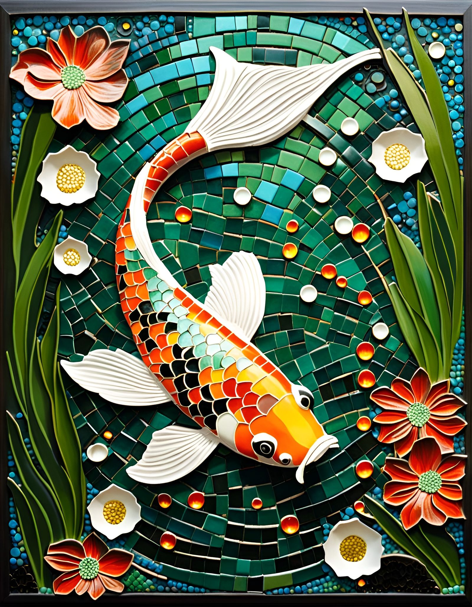 Ornate Koi Fish in Emerald Water Mosaic