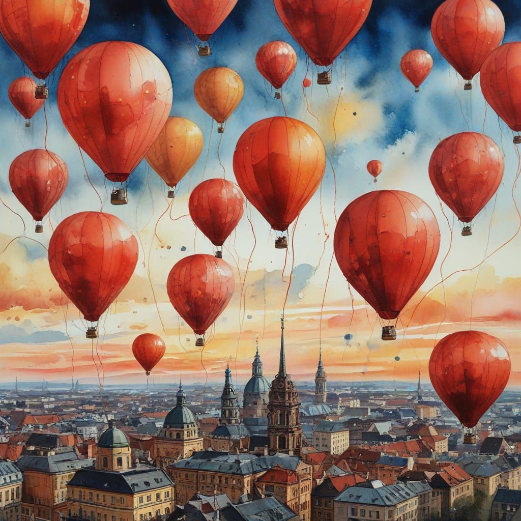 Red Balloons Float Over Berlin: Watercolor Art