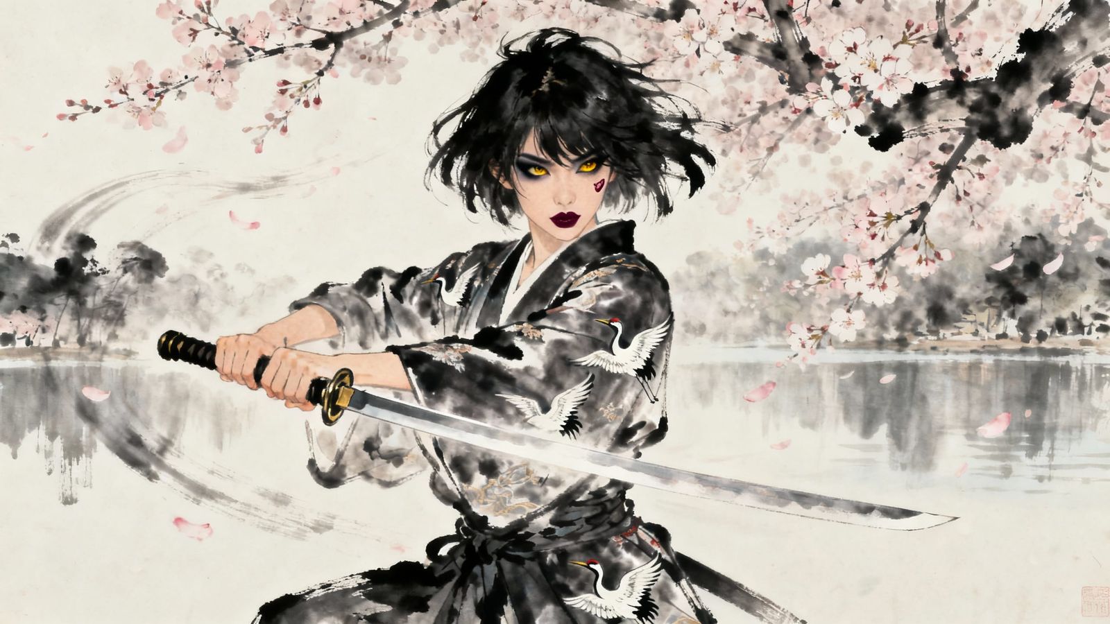 Asian Warrior Woman Practicing Sword Forms Under Cherry Blos...