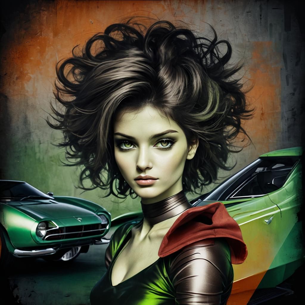 Lime Green Sports Car and Dancer, Fauvist Style