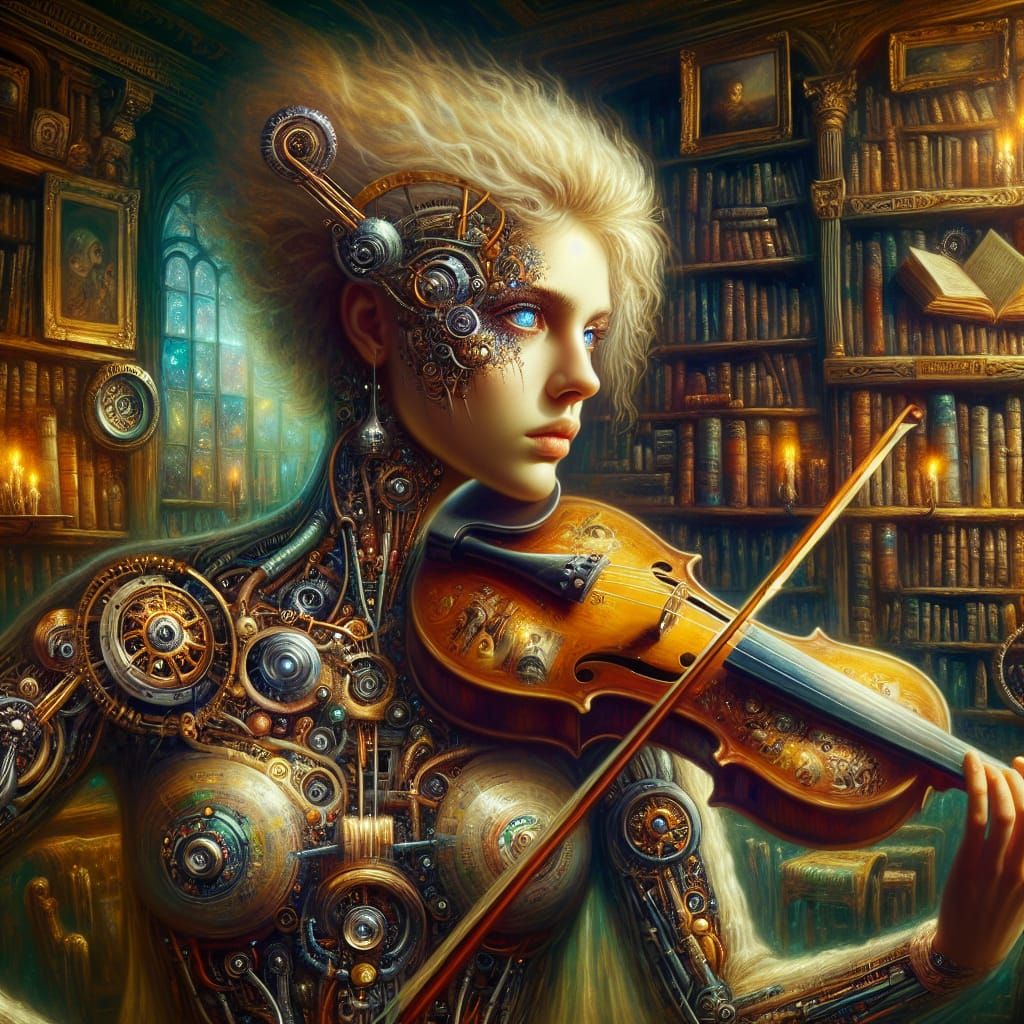 Surreal Bio-Mechanical Violinist in Shimmering Oil Painting