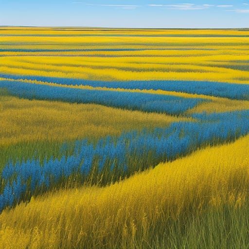 The Saskatchewan prairie decorated in yellow and blue stripes.