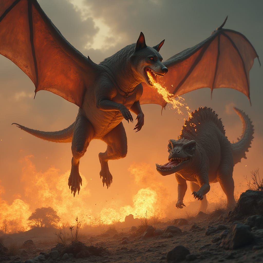 Epic Fire-Breathing Dog Attacks Dinosaur