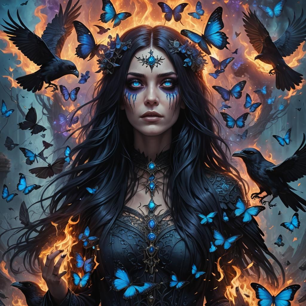 Surreal Girl Surrounded by Fire and Butterflies