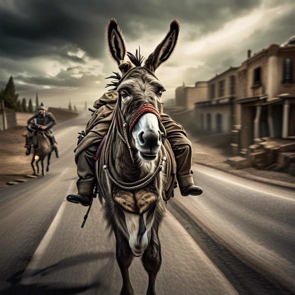 Hyperrealistic Spooky Donkey Riding a Man in War