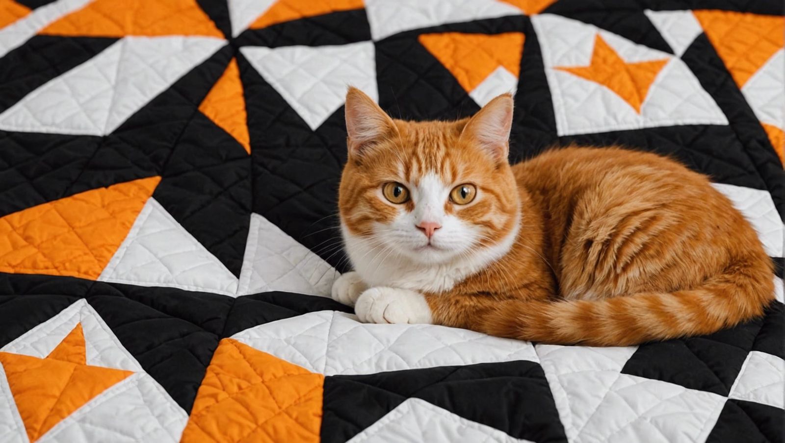 Orange Cat Relaxing on Quilted Blanket