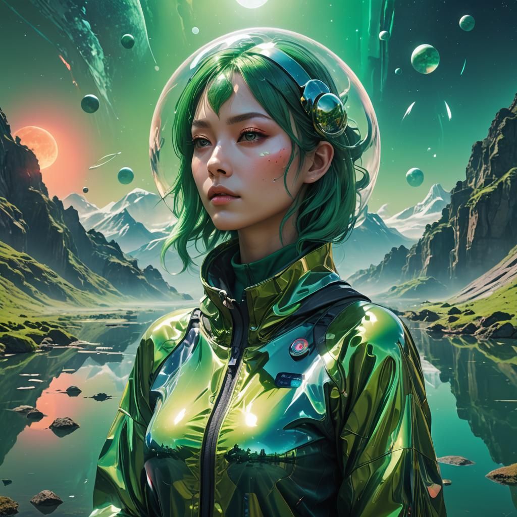 Double Exposure: Woman on Alien Planet in Anime Style