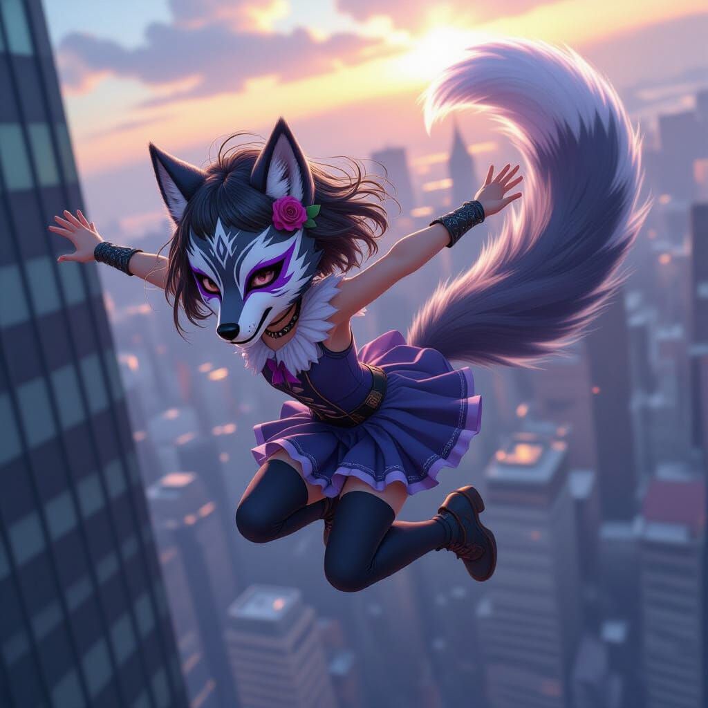 Girl in Wolf Mask Leaps from Skyscraper