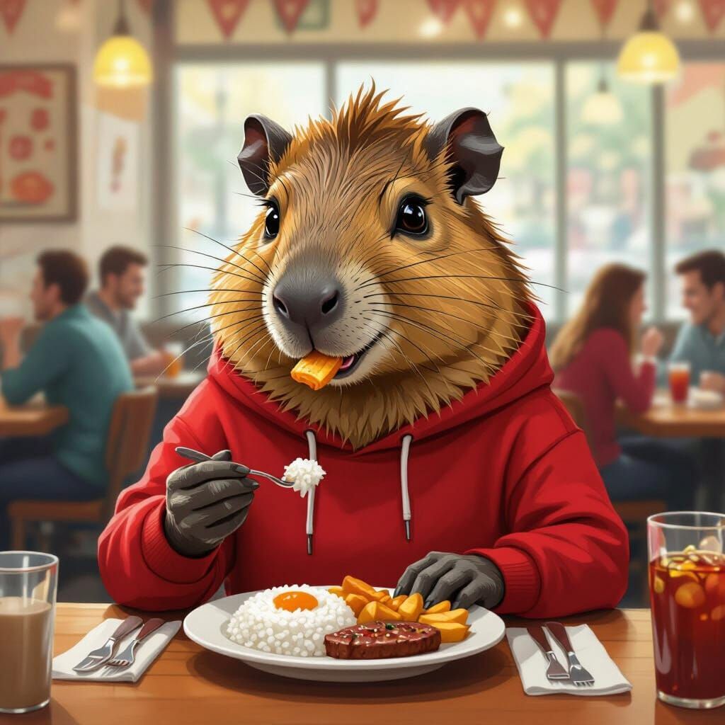 Realistic Capybara Enjoying Meal in Restaurant