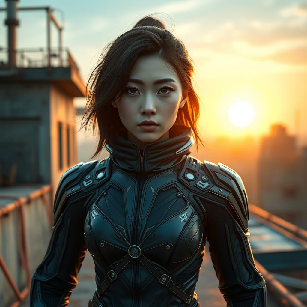 Korean Superhero in Futuristic Ninja Suit at Sunset