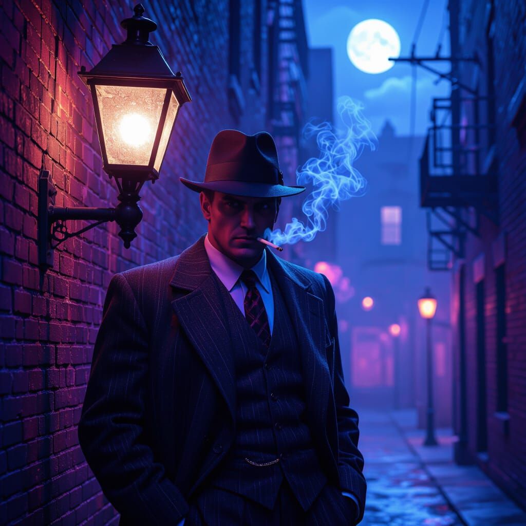 1930s Gangster Smoking in Misty Chicago Alleyway