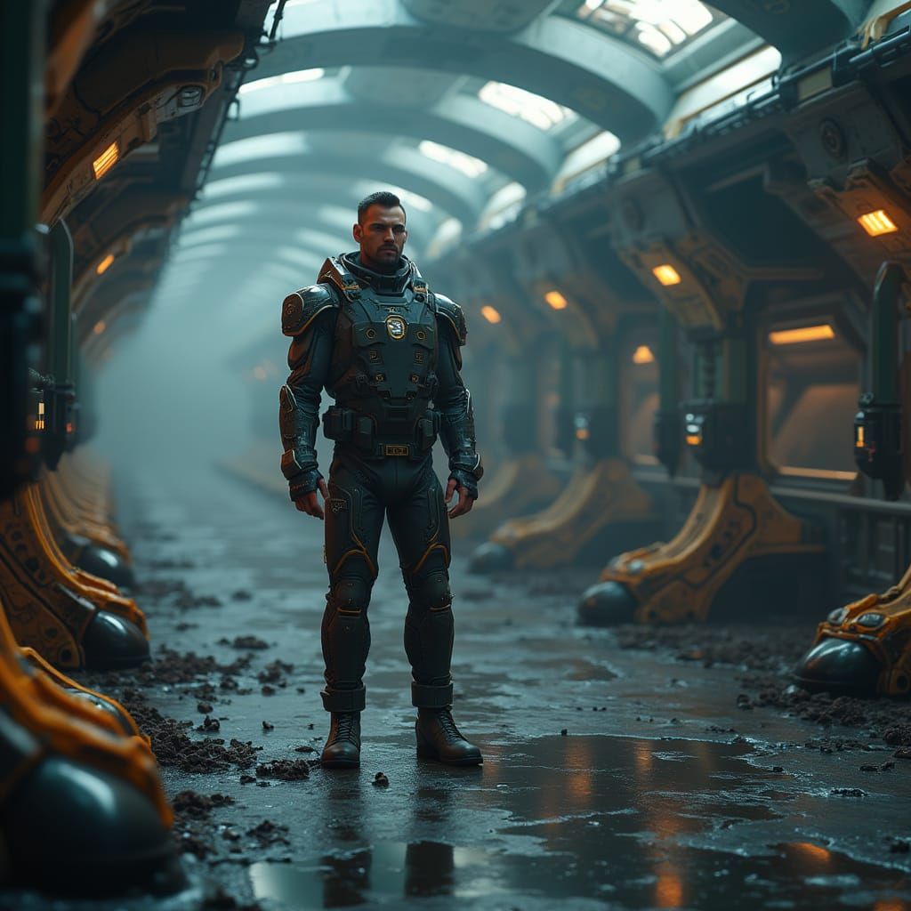 Veteran in a Futuristic Sci-Fi Metropolis