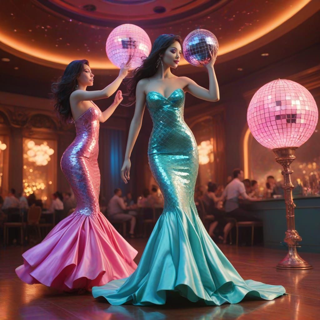 Mermaids Dance Under Retro Futuristic Disco Ball