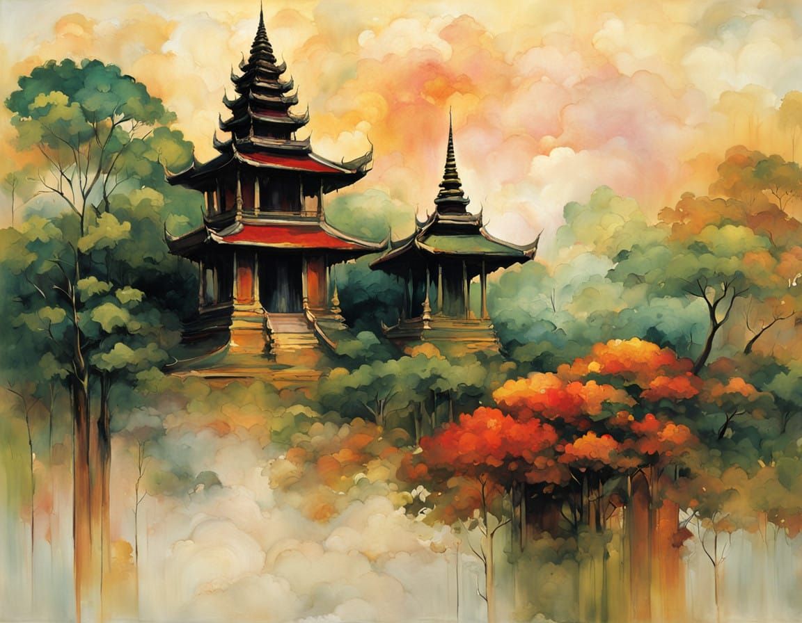 Majestic Thai Temple Amidst a Kaleidoscopic Sunset