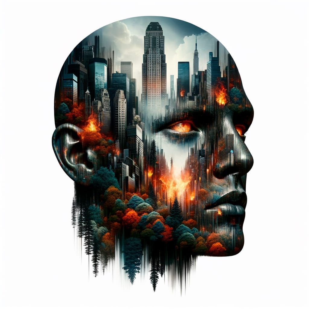 Surreal Double-Exposure Portrait of the Mind on Fire