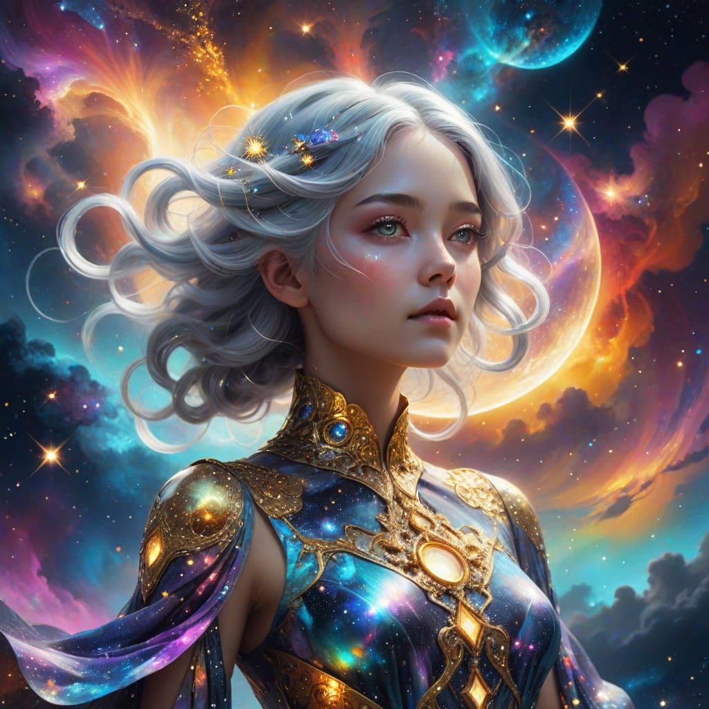 Cosmic Dreamscape: Surreal Woman in Galaxy Dress