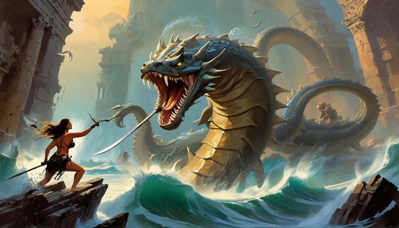 Aquatic Warrior Battles Sea Serpent in Underwater City