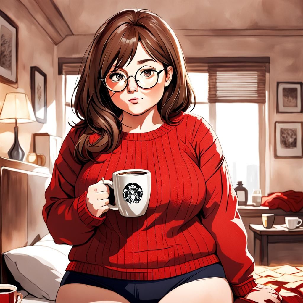 Woman with Chestnut Hair Drinking Coffee in Cozy Room