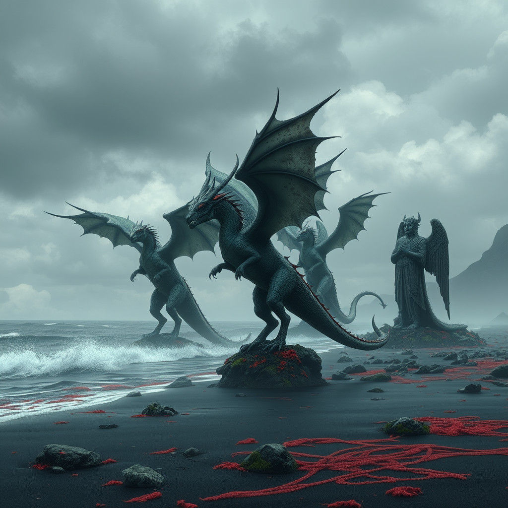 Winged Dragons Dance on Desolate Shore