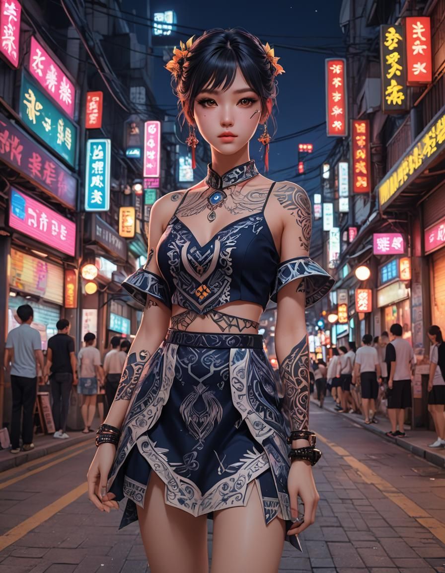 K-Pop Style Girl in Neon City, Anime Art