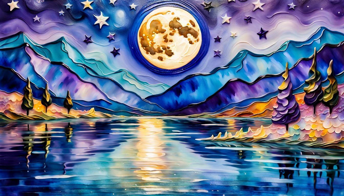 Glowing Moonlit Lake in Encaustic Art Style