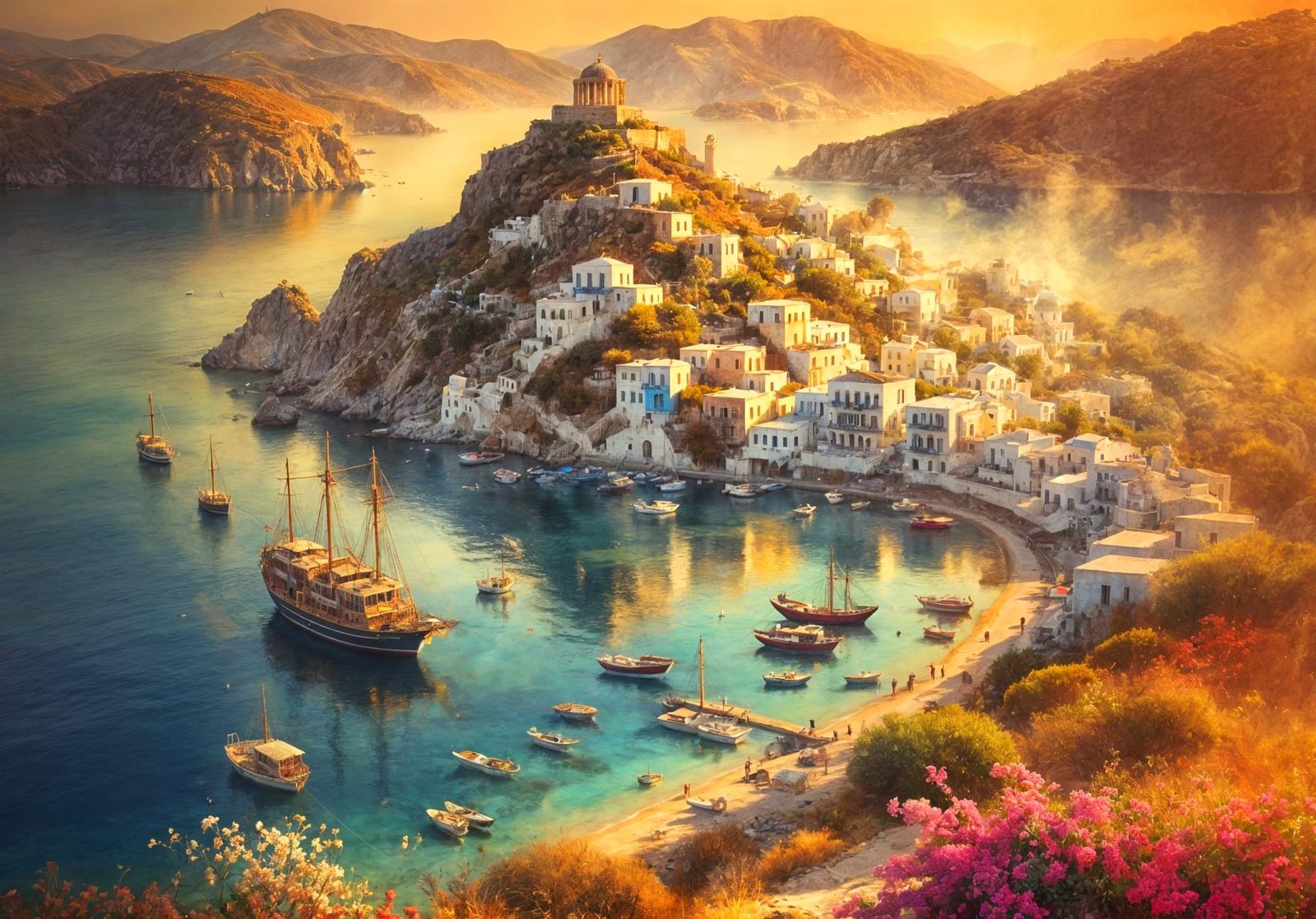 Impressionistic Watercolour of Greek Island Coastline