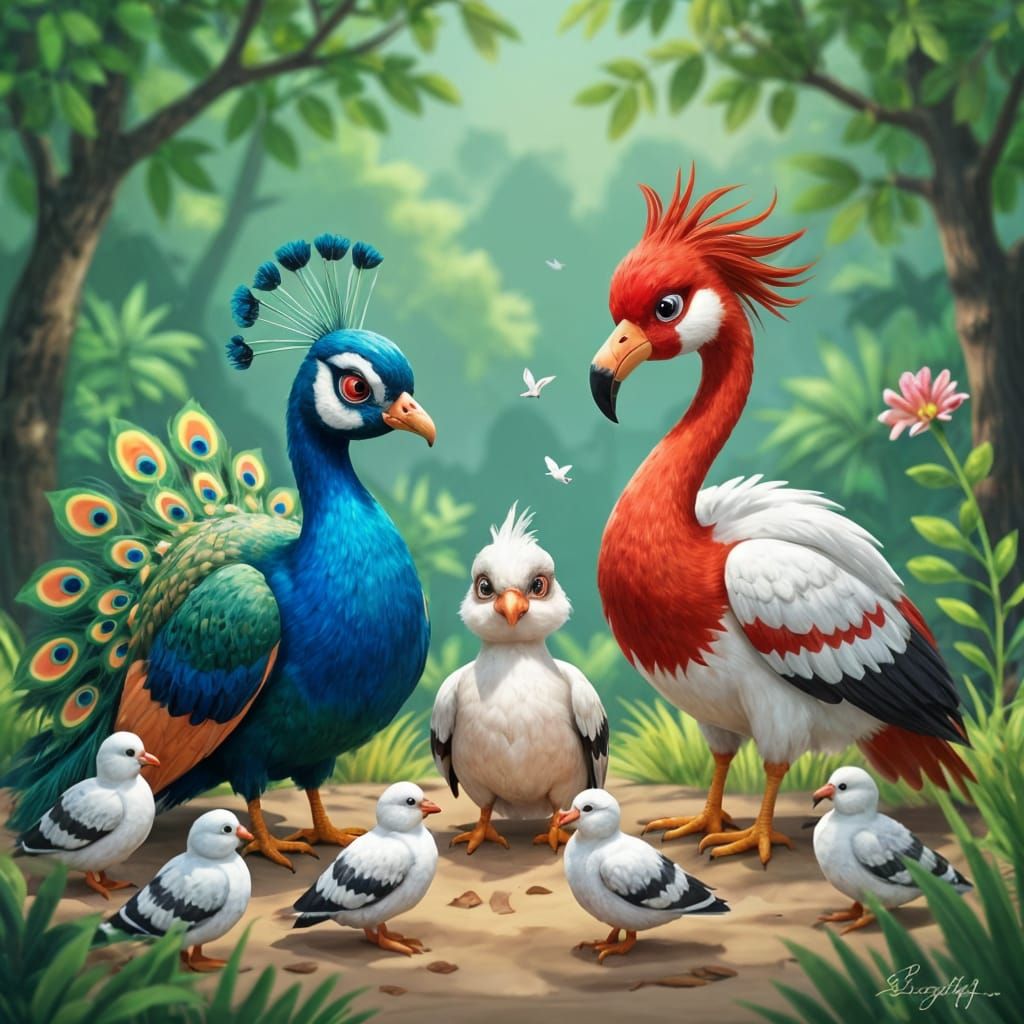 Grumpy young avians.  A annoyed looking tiny Peacock.  a off...