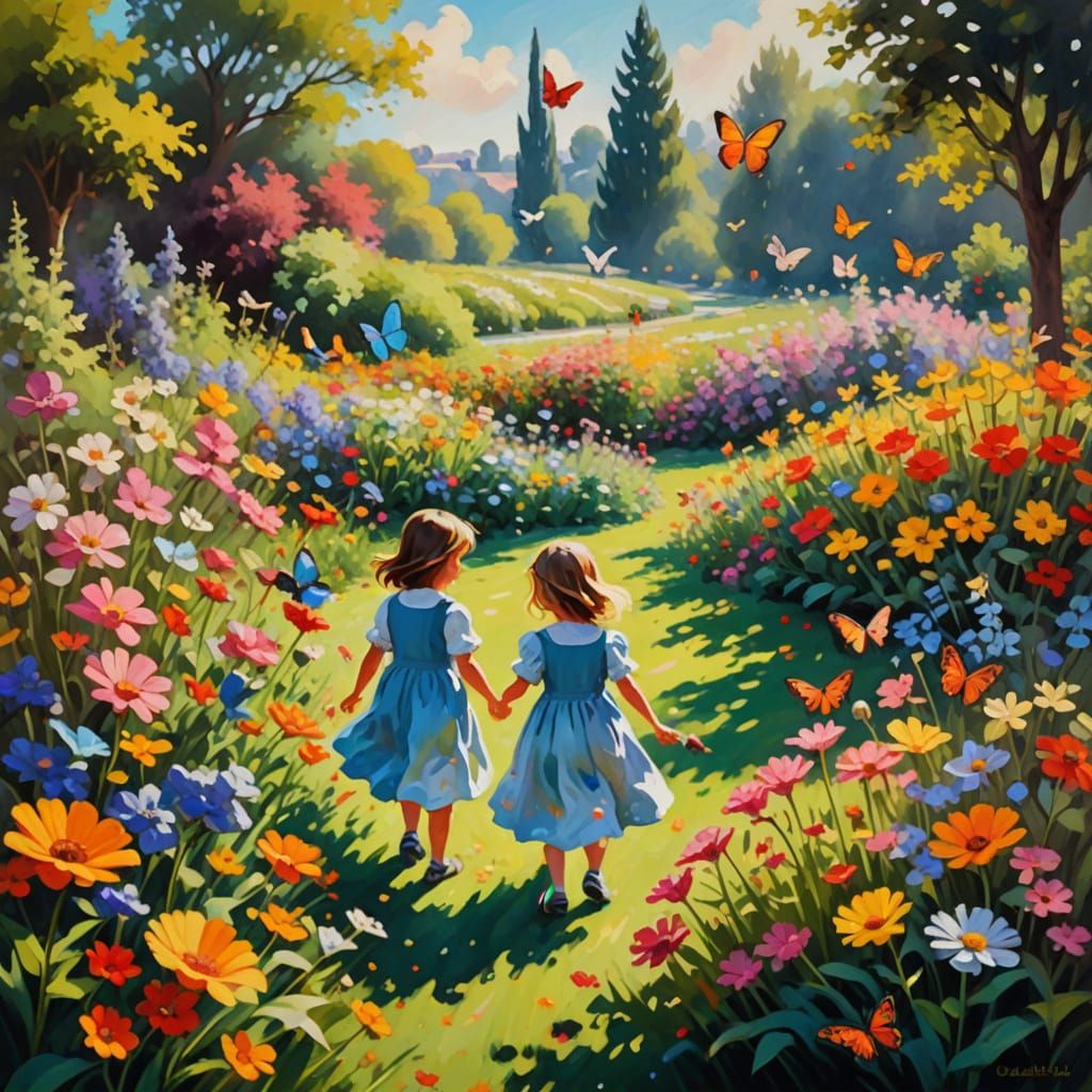 Vibrant Garden Scene in Impressionist Style