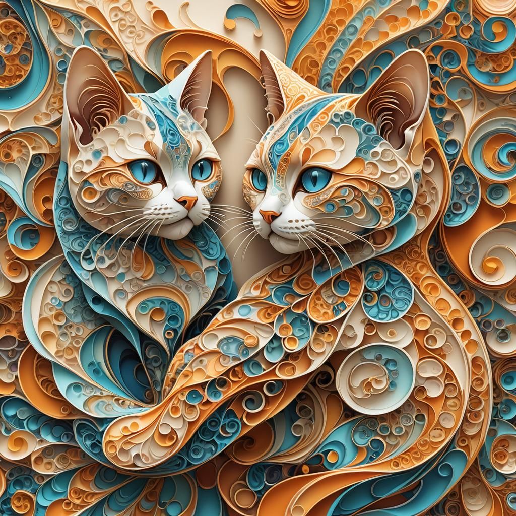 Romantic Cat Cakes with Fractal Patterns in Abstract Express...